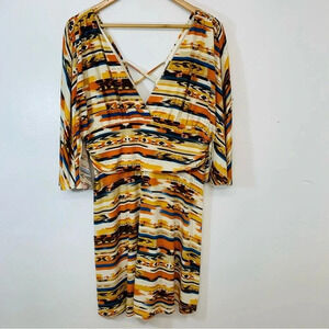 Dots Mini‎ Dress XL Southwest Print Surplice Stretch Flare Sleeve Boho 90s Y2K